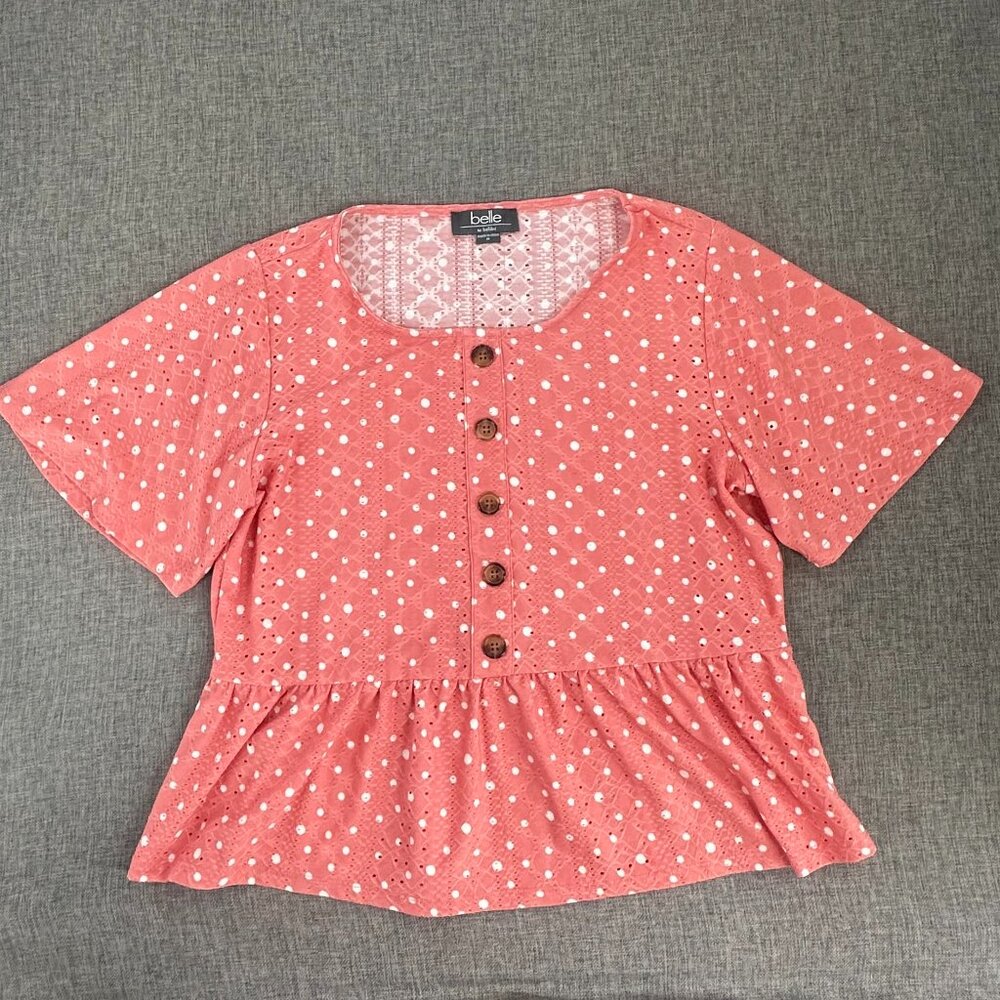 Belle By Belldini Peplum Top Polka Dots Peachy Pink Round Neck Wide Short Sleeve